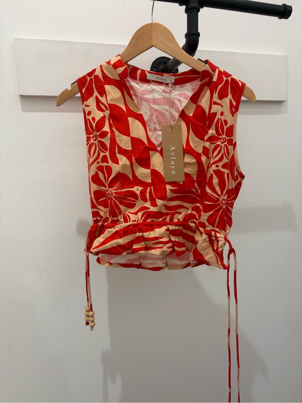 Red & Cream Printed Drawstring Crop Top PM